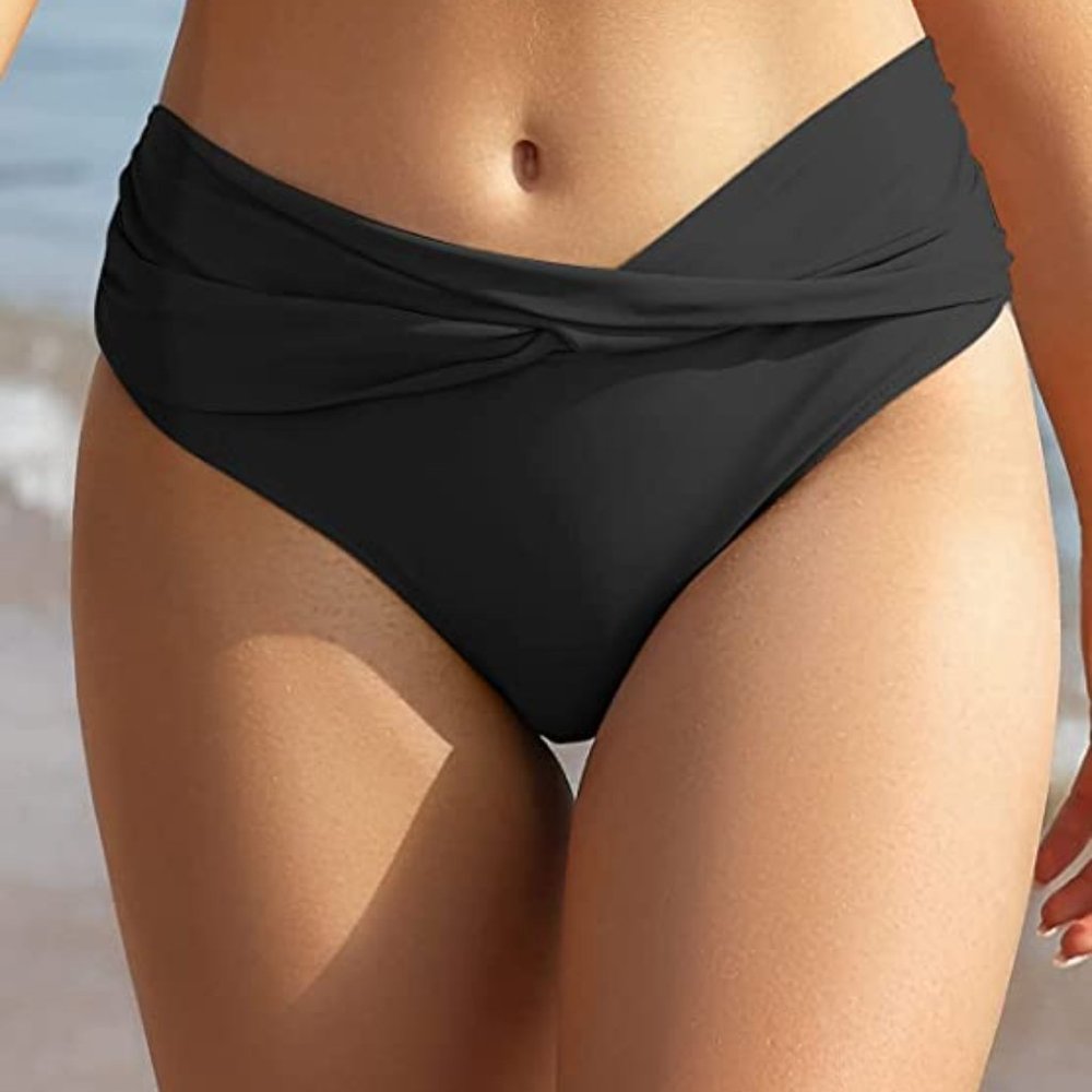 SHEKINI Bikini Bottom Black XL Twist Front Cheeky Swimsuit Ruched Womens NEW NWT